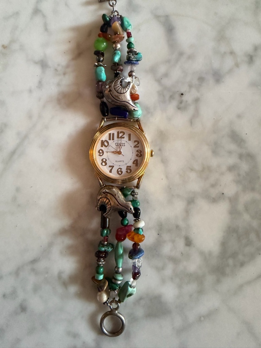 GUESS Gold-Tone Watch with Multicolor Beaded Bracelet
